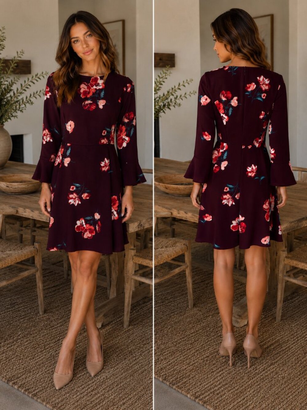 Old Navy Burgundy Floral Fit & Flare Bell Sleeve Dress | Small | A-1825 - Picture 1 of 16